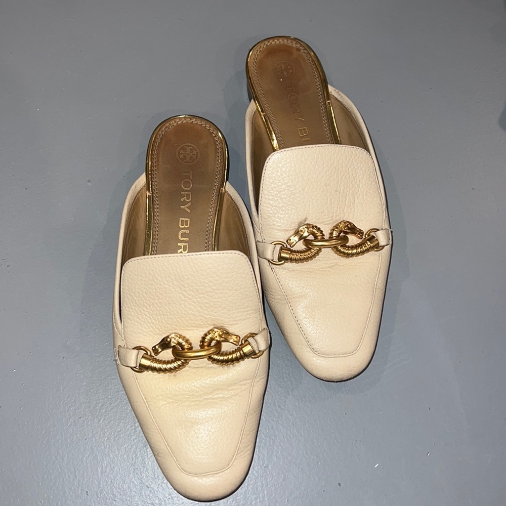 Tory Burch Cream Leather Mules with Gold Chain